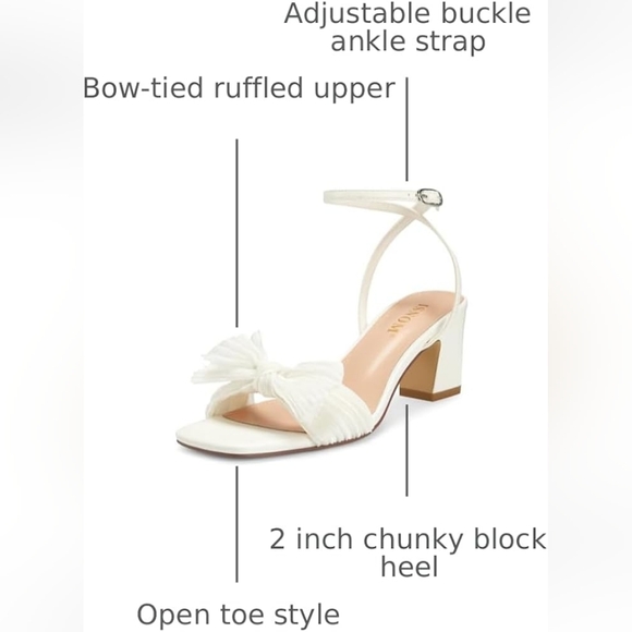 White Bow Knot Chunky Block Heeled Ankle Sandals, Open Toe, 10 - Picture 4 of 16